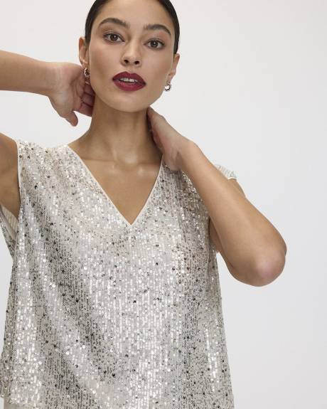 Extended-Sleeve V-Neck Sequins Top