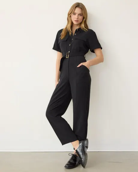 Straight-Leg Short-Sleeve Jumpsuit with Shirt Collar