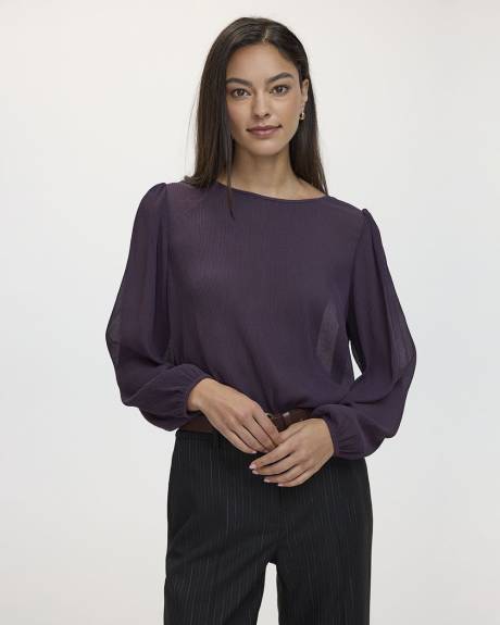 Long-Sleeve Crew-Neck Blouse with Smocked Hem