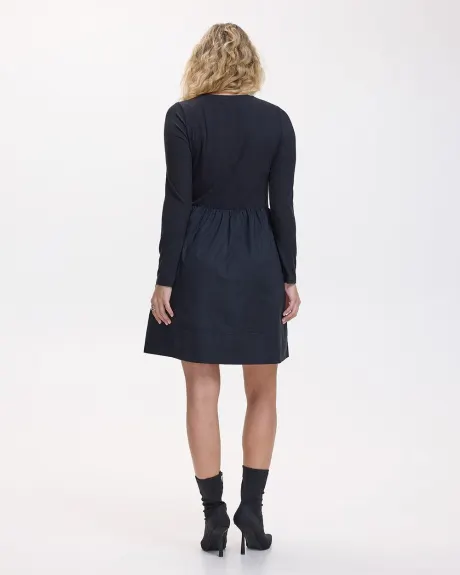 Long-Sleeve Mix-Media Dress with Crew Neckline