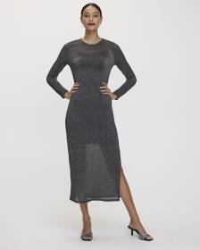 Long-Sleeve Shimmery Mesh Midi Dress