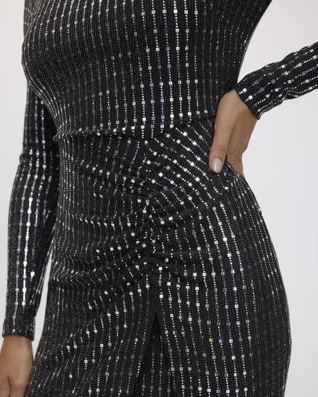 Long-Sleeve V-Neck Metallic Dress with Wrap Detail