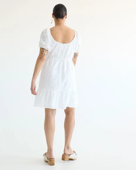 Short-Puffy-Sleeve Eyelet Dress with Scoop Neckline