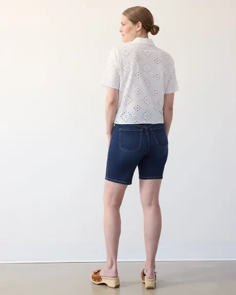 Short-Sleeve Eyelet Blouse with Shirt Collar