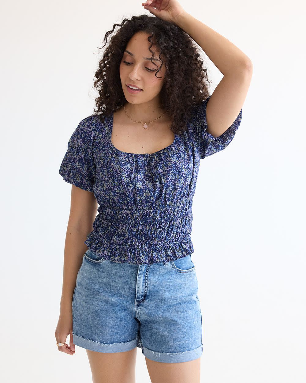 Cropped Short-Sleeve Blouse with Smocked Hem