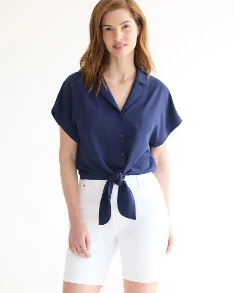 Short-Sleeve Buttoned-Down Blouse with Self-Tie at Waist