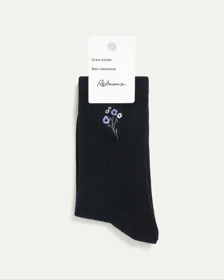 Cotton Crew Socks with Flowers