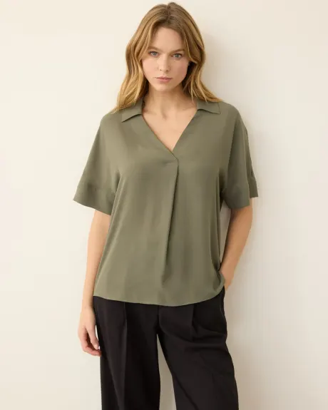 Loose Short-Sleeve Blouse with Johnny Collar