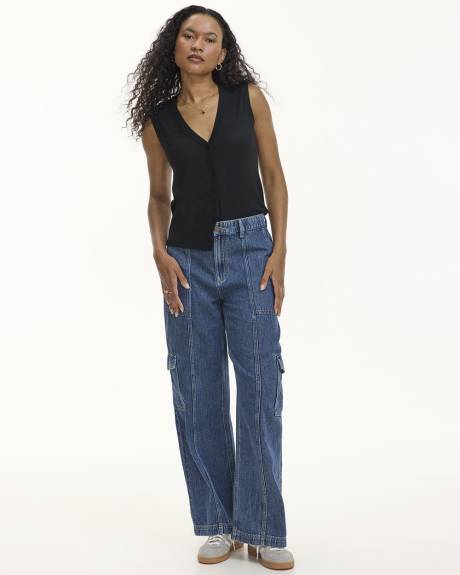 Pantalon cargo en denim à jambe large et taille haute - Petite