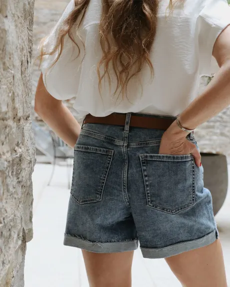 Mid-Rise Denim Shorts with Rolled Raw Hem