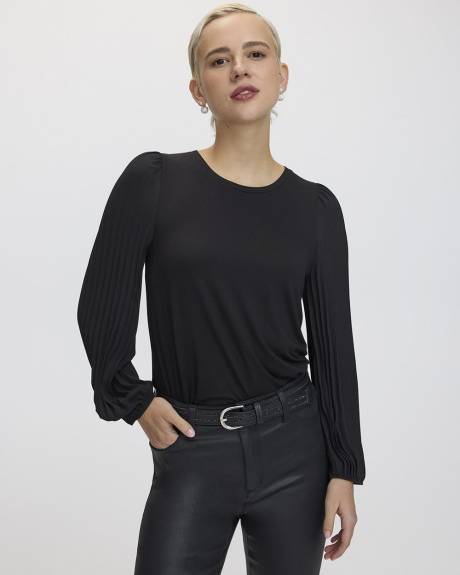 Pleated-Long-Sleeve Boat-Neck Mix-Media Top