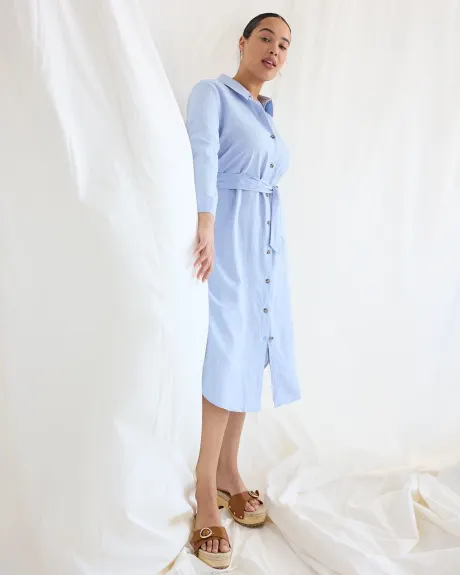 Long-Sleeve Buttoned-Down Midi Dress with Shirt Collar