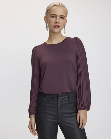 Pleated-Long-Sleeve Boat-Neck Mix-Media Top