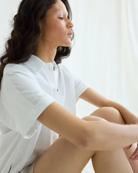 Short-Sleeve Buttoned-Down Linen-Blend Blouse