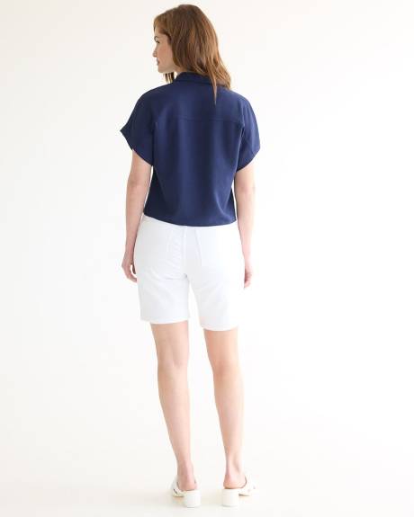 Short-Sleeve Buttoned-Down Blouse with Self-Tie at Waist