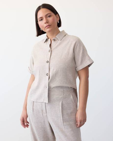 Short-Sleeve Buttoned-Down Linen-Blend Blouse