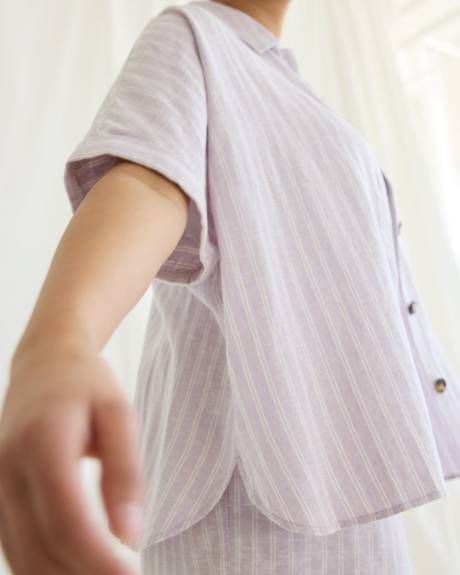 Short-Sleeve Buttoned-Down Linen-Blend Blouse