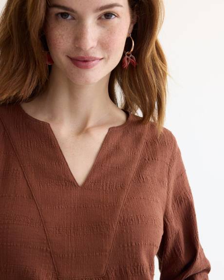 Long-Sleeve Textured Blouse with Split Neckline