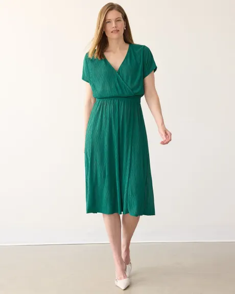 Short-Sleeve Fit and Flare Dress with Wrap Neckline