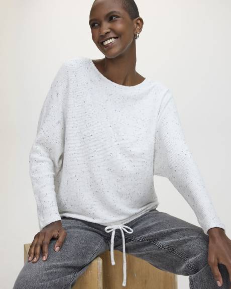 Long-Sleeve Boat-Neck Ribbed Sweater with Drawstring