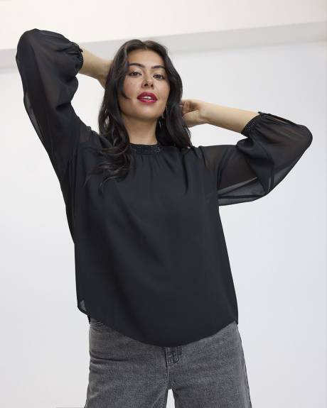 Long-Volume-Sleeve Mock-Neck Blouse