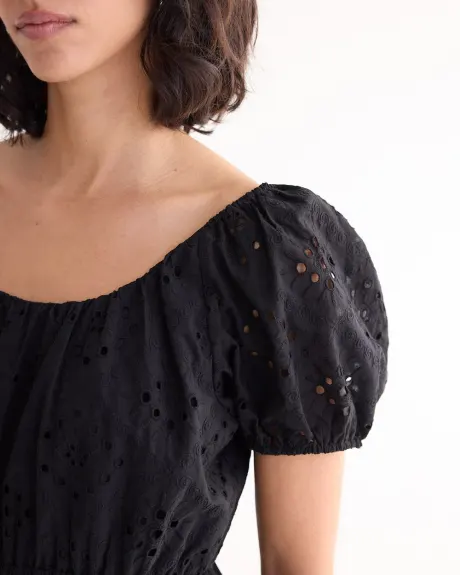 Short-Puffy-Sleeve Eyelet Dress with Scoop Neckline