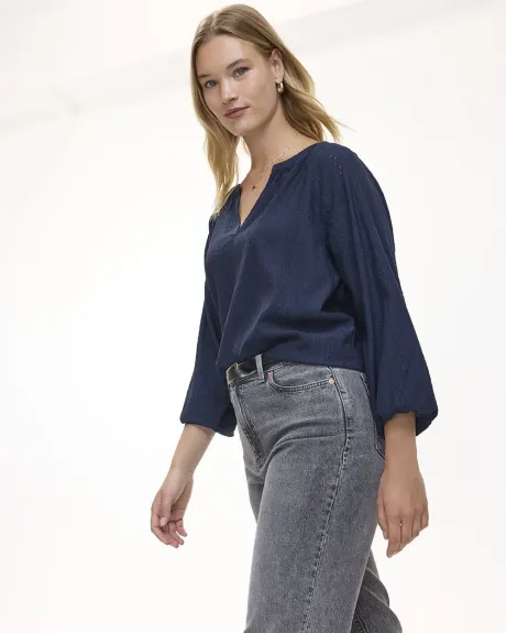 3/4-Sleeve Eyelet Knit Blouse with Split neckline