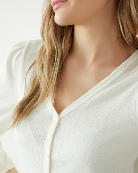 Long-Sleeve V-Neck Top with Buttoned Placket