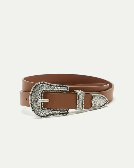 Faux Leather Belt with Western Buckle