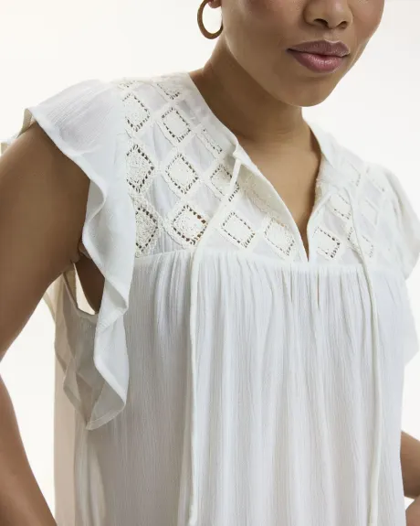 Short-Flutter-Sleeve Split-Neck Crochet Top