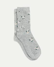 Cotton Anklet Socks with White Flowers