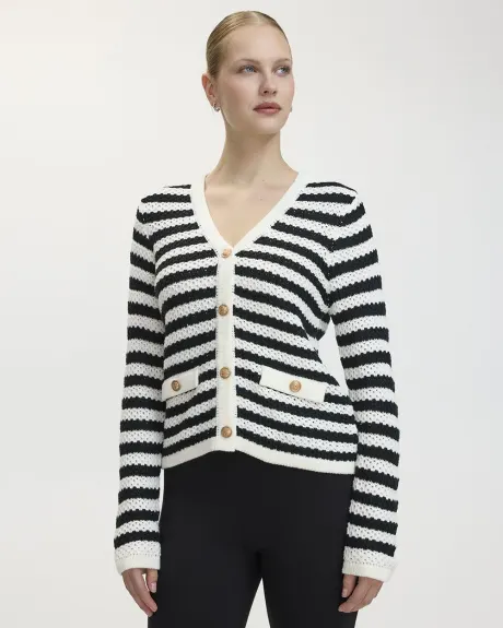 Long-Sleeve V-Neck Buttoned-Down Striped Cardigan