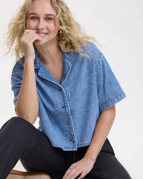 Short-Sleeve Buttoned-Down Denim Blouse