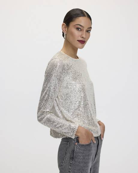 Long-Sleeve Crew-Neck Sequins Top