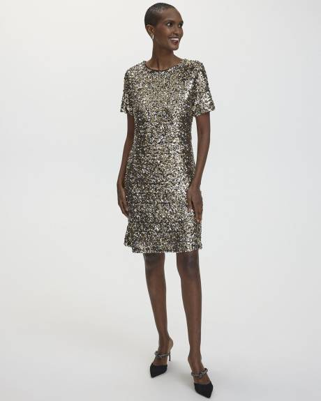 Short-Sleeve Crew-Neck Sequins Shift Dress