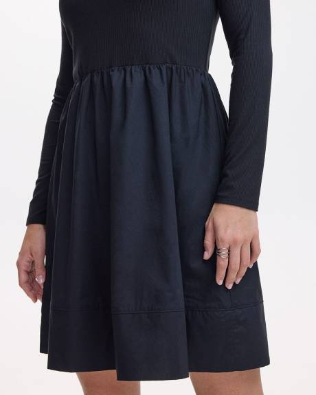 Long-Sleeve Mix-Media Dress with Crew Neckline