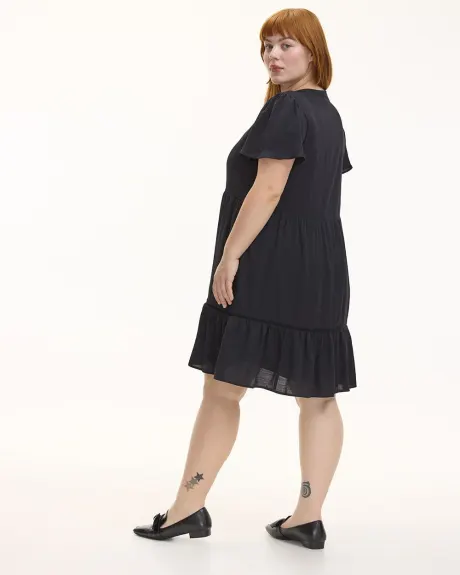 Short-Sleeve Crew-Neck Swing Dress with Fagoted Details