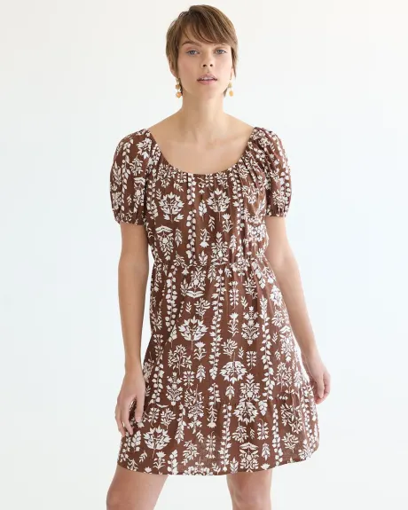 Short-Puffy-Sleeve Linen-Blend Dress