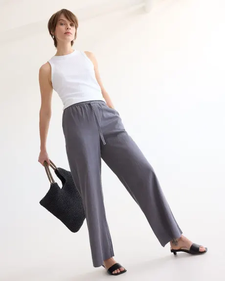 Pantalon en lin à jambe large et taille haute - Long