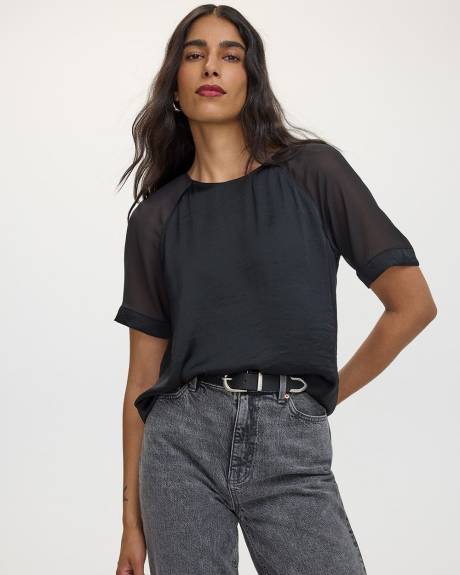 Short-Sleeve Crew-Neck Mix-Media Blouse