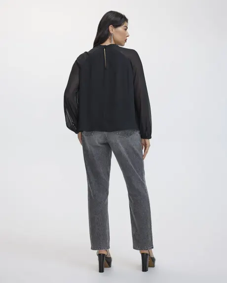 Long-Volume-Sleeve Mock-Neck Blouse