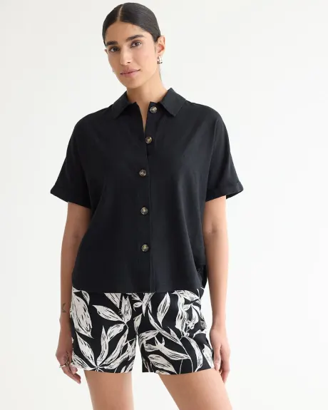 Short-Sleeve Buttoned-Down Linen-Blend Blouse