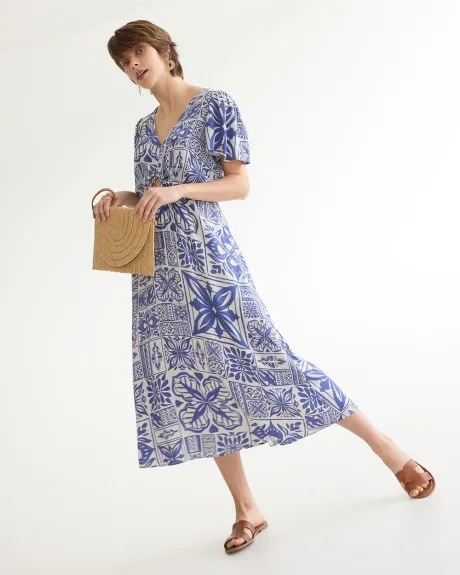 Short-Flutter-Sleeve Midi Dress with Front Cut-Out