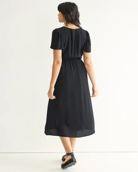 Short-Flutter-Sleeve Midi Dress with Front Cut-Out