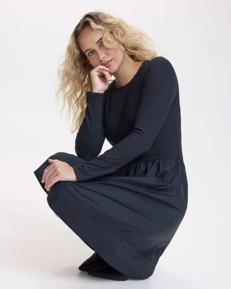 Long-Sleeve Mix-Media Dress with Crew Neckline