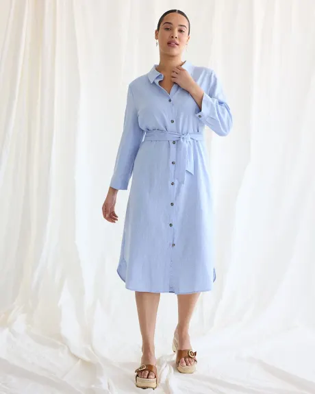 Long-Sleeve Buttoned-Down Midi Dress with Shirt Collar