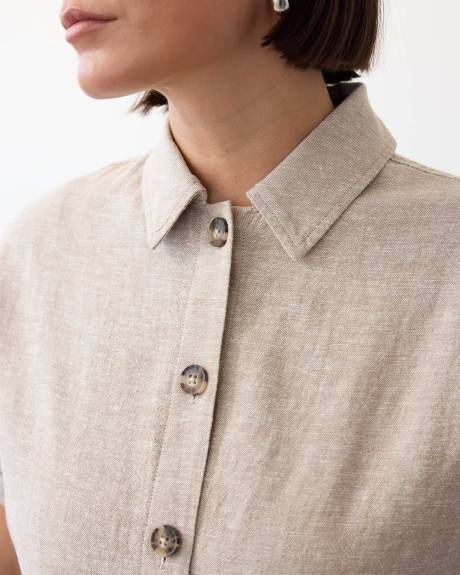 Short-Sleeve Buttoned-Down Linen-Blend Blouse