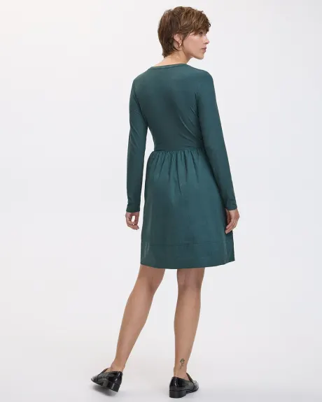 Long-Sleeve Mix-Media Dress with Crew Neckline