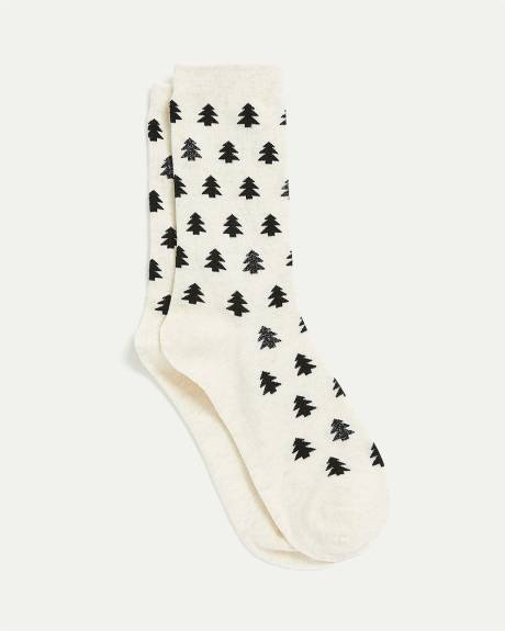 Cotton Crew Socks with Shimmery Trees