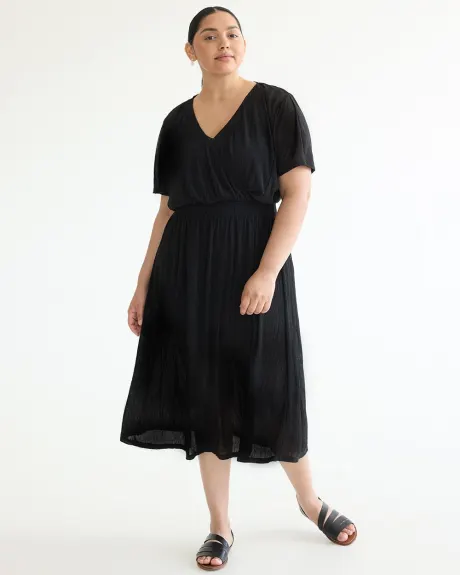 Short-Sleeve Fit and Flare Dress with Wrap Neckline